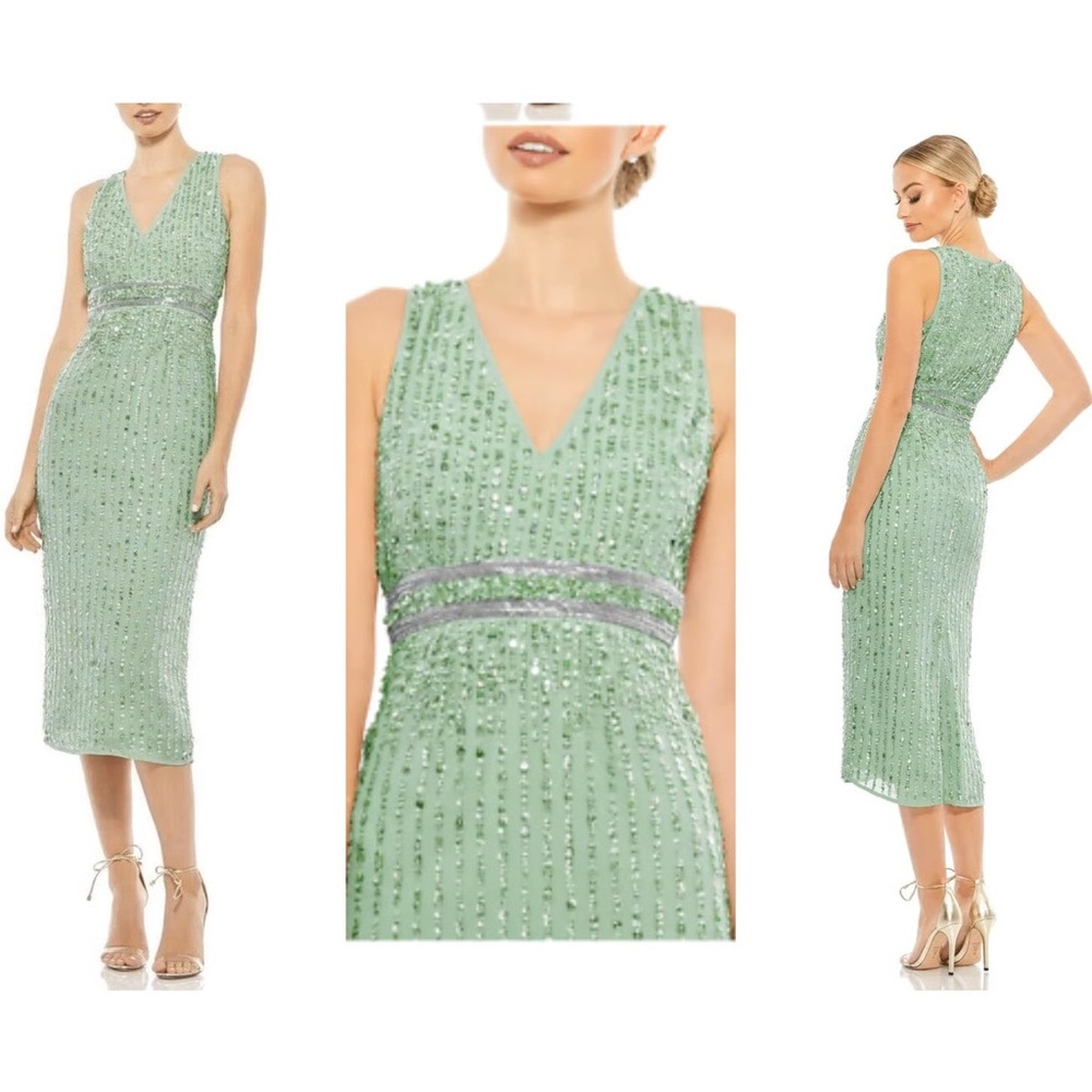 Mac Duggal Sequined Sleeveless V-Neck Midi Sheath Dress beaded belt gown sparkle